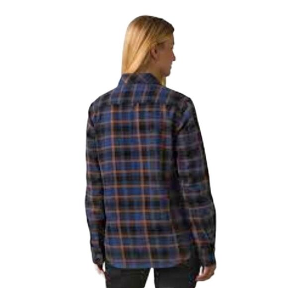 prAna Organic Flannel Shirt Rich Sapphire Blue Plaid Cozy Fall Layering Sz S NWT - Picture 3 of 11